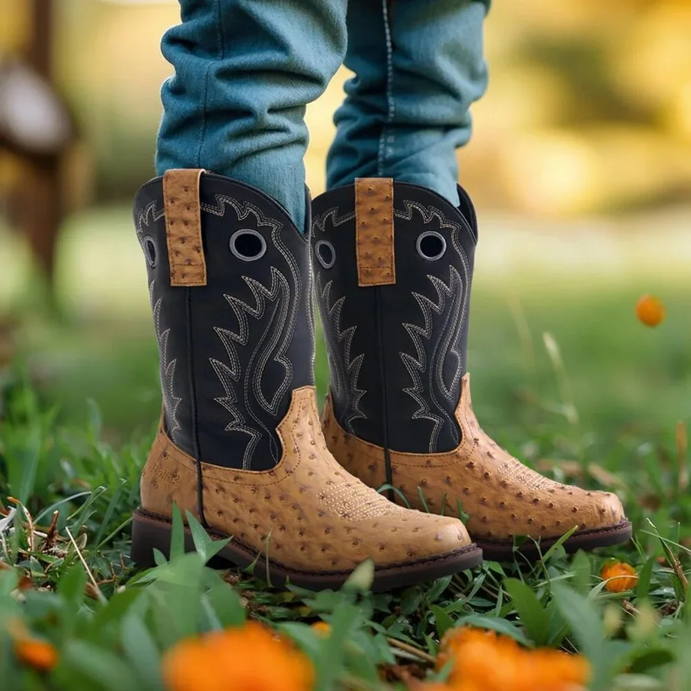 ⚡Kids Girls Brown Ostrich Western Boots Square Toe Cowgirl Boots For Toddler